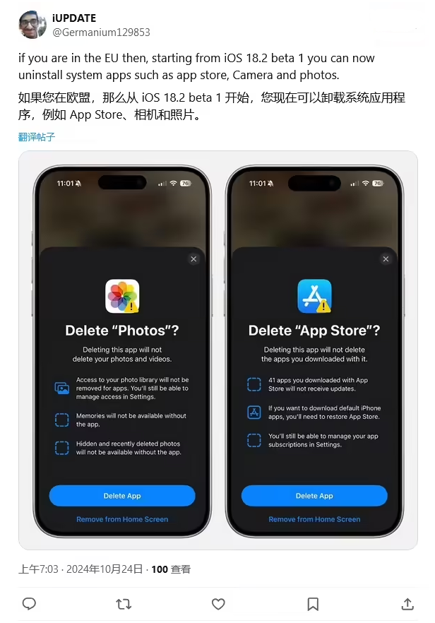 台江苹果手机维修分享iOS 18.2 支持删除 App Store 应用商店 